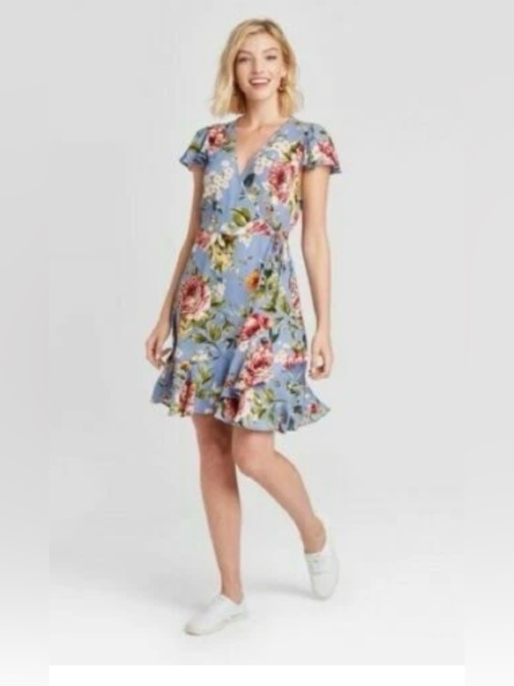 Xhilaration Blue Floral Wrap Mini Dress